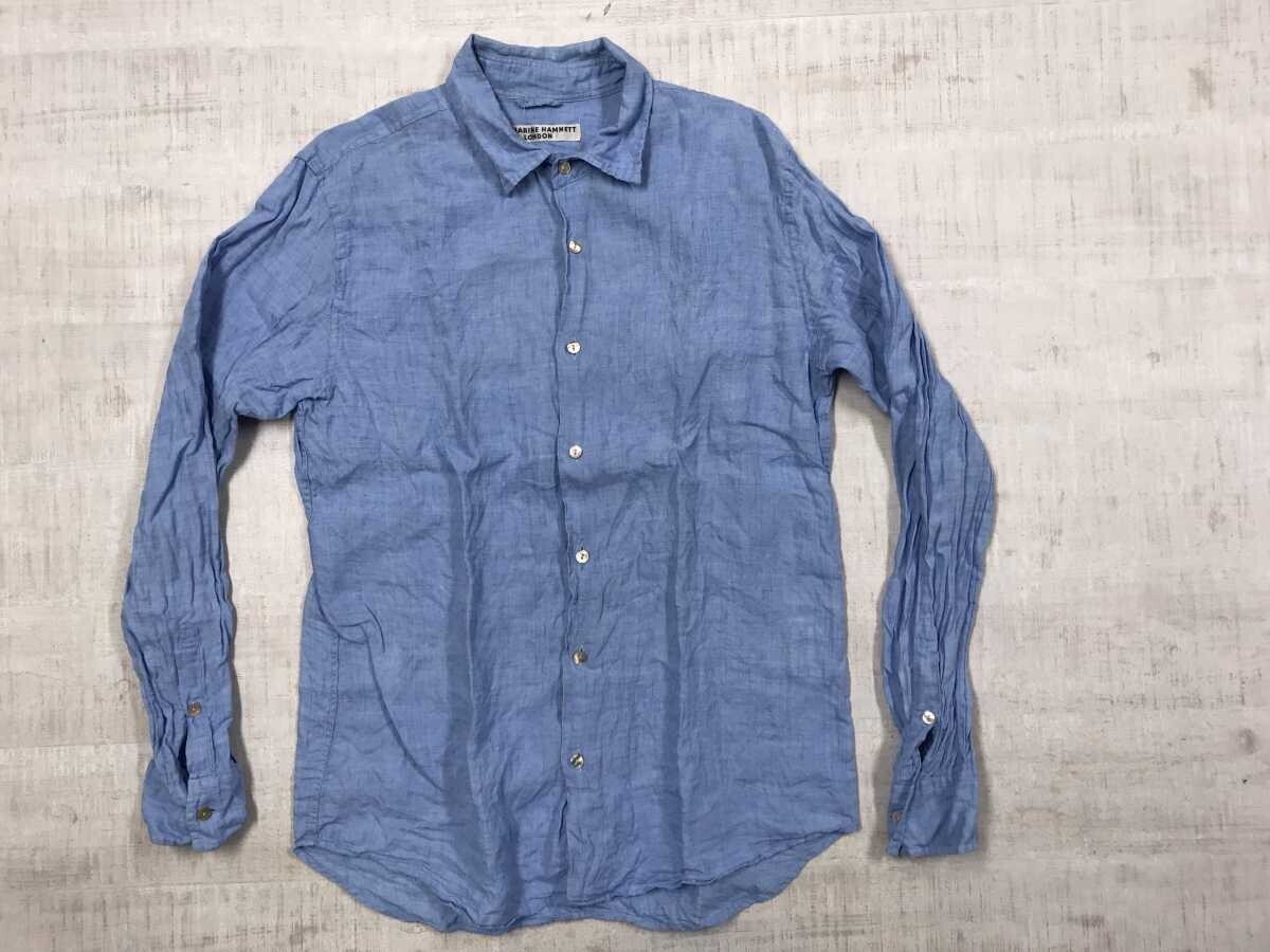 キャサリン・ハムネット KATHARINE HAMNETT LONDON フレンチ マリン ナチュラル トラッド 長袖 リネン シャツ メンズ 麻100% XL 青拍卖