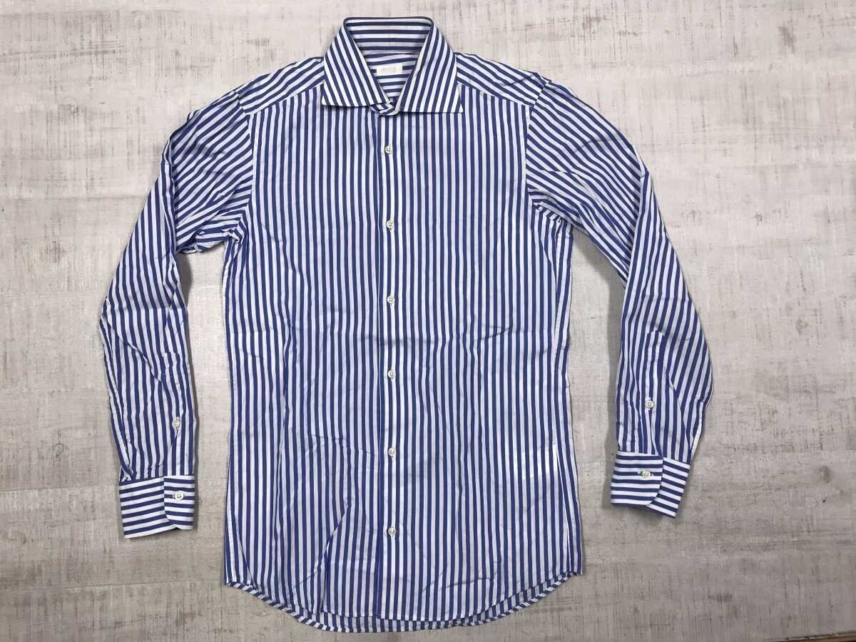 エディフィス EDIFICE トラッド クラシック ロンドンストライプ ワイドカラー 長袖 ドレス シャツ メンズ 日本製 コットン100% 37 青白拍卖