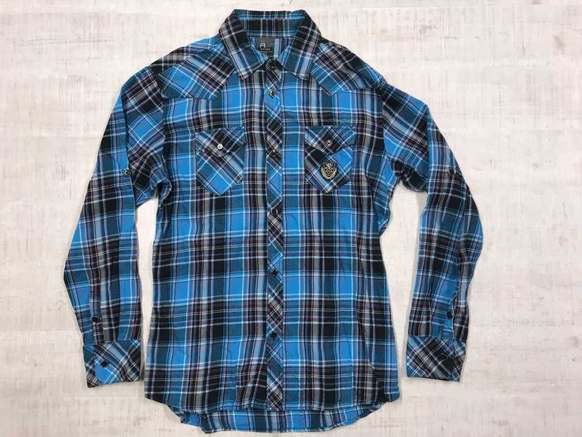 ラスケー RUSS-K 00s アメカジ ストリート サーフ 陸サーファー チェック エンブレム 刺繍 長袖ウエスタンシャツ メンズ XL 青拍卖