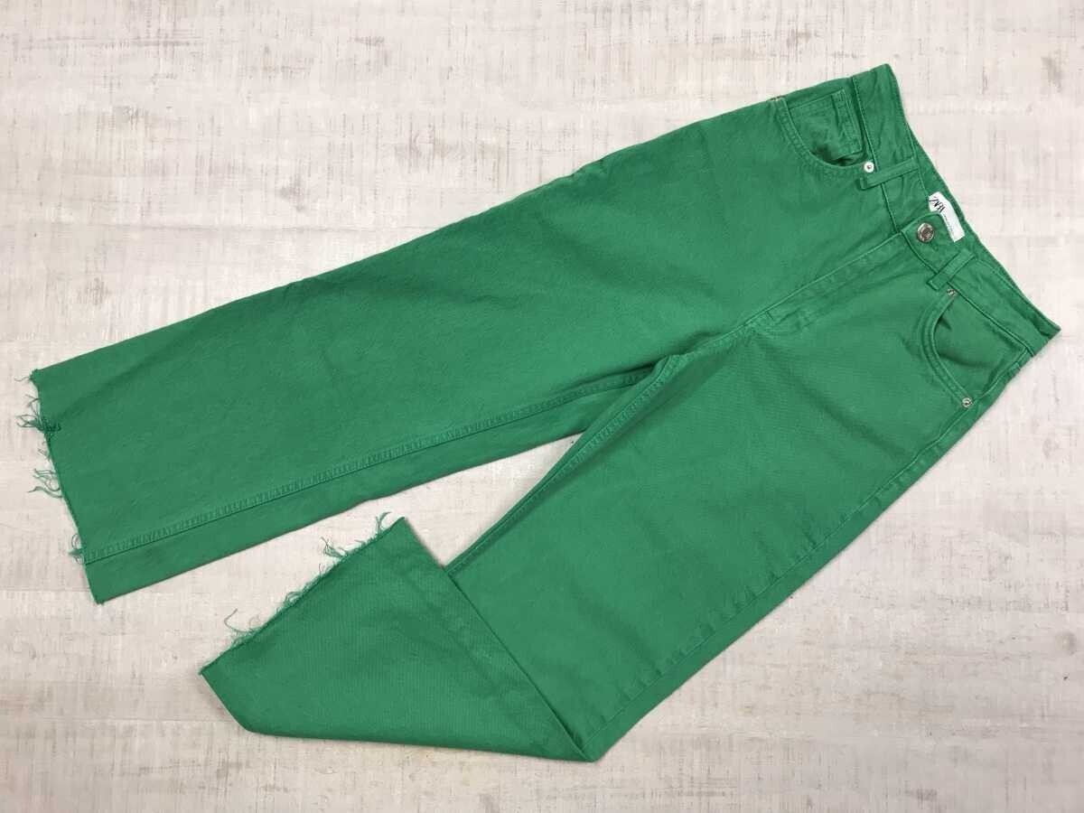 ザラ ZARA アメカジ ストリート カットオフ 裾切りっぱなし ストレート カラーデニム パンツ ジーンズ レディース コットン100% 2 緑拍卖