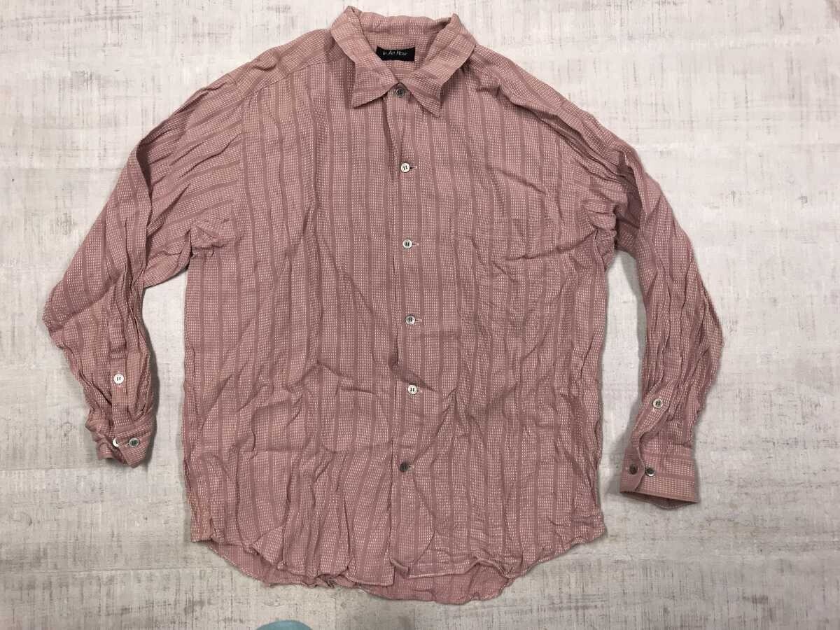 インアンアワー In An Hour レトロ オールド クラシック ステッチ パターンストライプ とろみ素材 長袖 ドレス シャツ メンズ ピンク拍卖