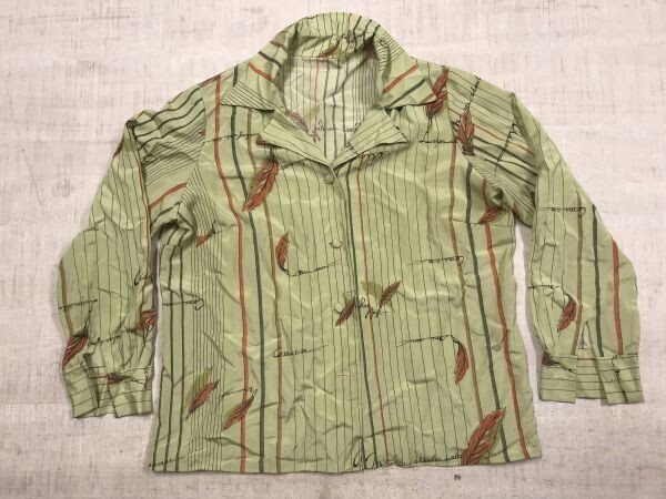 OLD オールド 昭和レトロ モダン ミセス ストライプ 羽根 くるみボタン ブラウス 長袖 オープンカラー シャツ レディース カーキ拍卖
