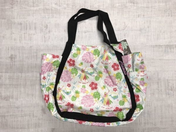 訳あり新品 タグ付き Eco Island サーフ ハワイ イルカ ハイビスカス 総柄 トートバッグ 手提げ鞄 レディース リップストップ 底板付き 白拍卖