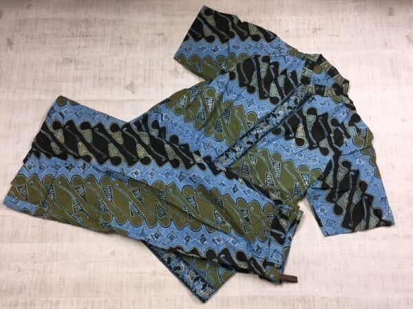 オールド レトロ エスニック タイ古着 総柄 スカート 半袖ノーカラー シャツ 上下セットアップ レディース 青拍卖