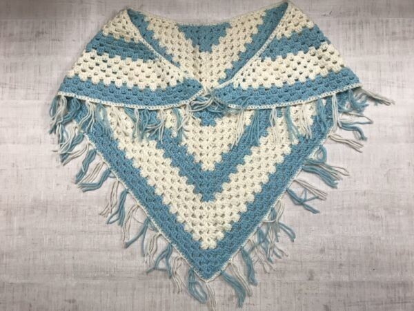 オールド レトロ カントリー グラニー 鍵編み クロシェ ニット フリンジ 三角ストール レディース 白/水色拍卖