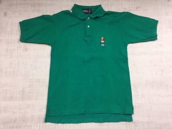WORLD BEAR ワールドベア 可愛いくまさん 刺繍 オールド レトロ 古着 ストリート 袖ポロシャツ カットソー メンズ M 緑拍卖