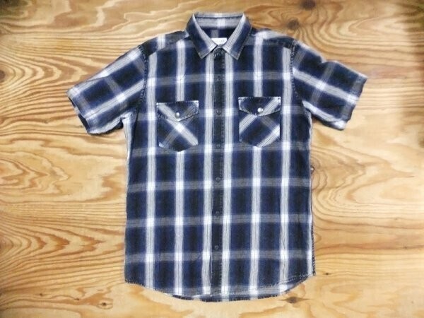 スピナッシュ SPINASH メンズ アメカジ ネオお兄 コンチョボタン オンブレチェック 半袖ウエスタンシャツ 紺 サイズM拍卖