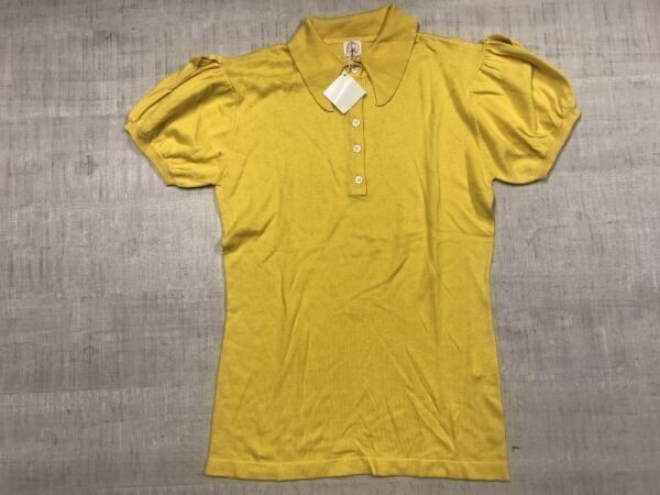 新品タグ付き レイシーラディアント RACY RADIANT レトロ パフスリーブ ロングポイントカラー 半袖 ニット ポロシャツ レディース イエロー拍卖