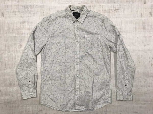 リー Lee アメカジ 00s インディースリーズ 古着 ストライプ 幾何学 総柄 長袖シャツ メンズ SUPER SLIM FIT スリムフィット L グレー拍卖