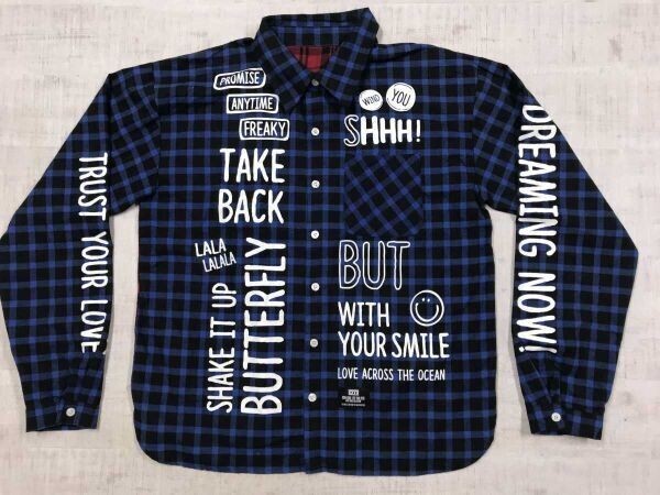 倖田來未 KODA KUMI LIVE TOUR 2016 -BEST SINGLE COLLECTION- ツアーグッズ チェック 英字 プリント長袖ネルシャツ メンズ 綿100% M 青赤拍卖