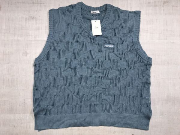 新品タグ付き ペルーシュ Perushu 韓国ストリート K-POP 格子 模様編み ジャガード Vネック ニットベスト プルオーバー メンズ L 青拍卖