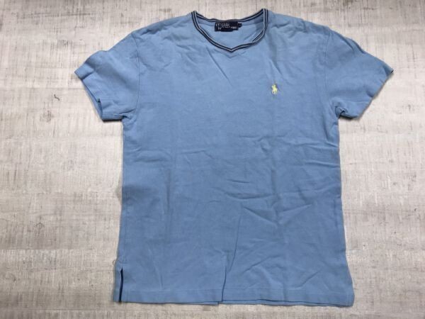 ポロ ラルフローレン Polo by Ralph Lauren アメカジ トラッド スポーツ 鹿の子 Vネック トリミング 半袖Tシャツ カットソー メンズ M 水色拍卖