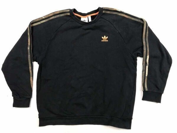 アディダス adidas スポーツ ストリート 三つ葉 トレフォイル ロゴ刺繍 迷彩カモフラ抜き 肩ライン スウェット トレーナー メンズ 2XL 黒拍卖