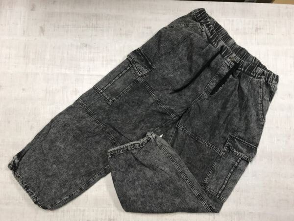 ストリート ヒップホップ 古着 ケミカルウォッシュ イージー ワイド ブラックデニム カーゴ パンツ ボトムス 裾ドローコード メンズ M 黒拍卖