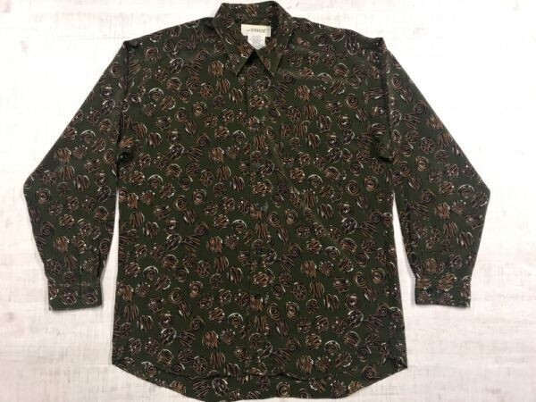 mio SIRCCO レトロ オールド OLD アメカジ ストリート 古着 車輪 滑車 総柄 メンズ 日本製 長袖 柄シャツ ポリシャツ L カーキ拍卖