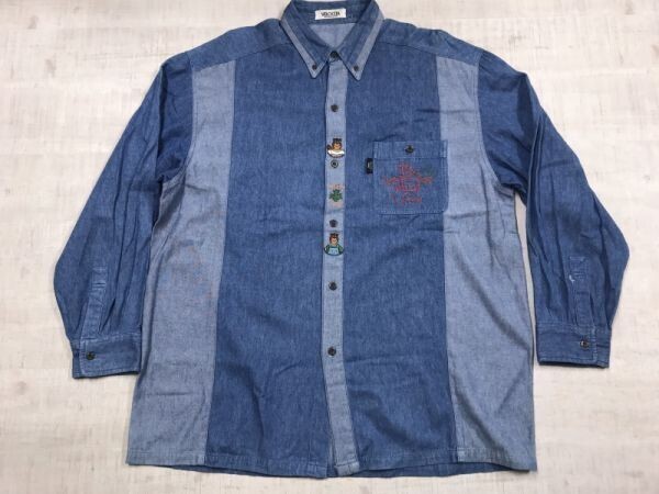 VELOCITA オールド レトロ やんちゃ ストリート 古着 刺繍 バイカラー アニマル かわいい ボタンダウン 長袖 デニム シャツ メンズ 紺拍卖