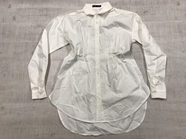 シーン SHEIN ドレッシー レトロ モード プリーツ ウエストシェイプ 長袖 ドレス シャツ ブラウス レディース コットン100% XS 白拍卖