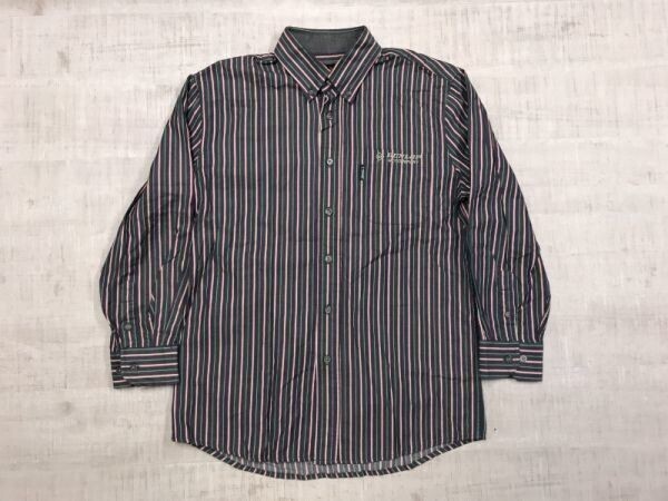 ダンロップ DUNLOP オールド レトロ 古着 マルチストライプ ロゴ刺繍 アメカジ 長袖シャツ メンズ M 紺拍卖