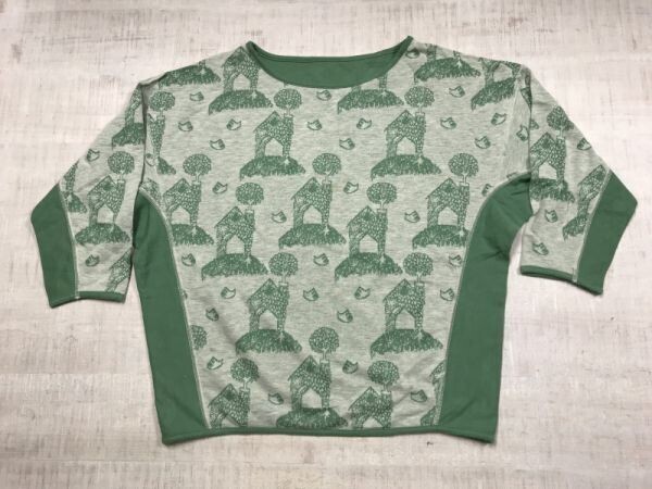 Ne-net ネネット ドメスティック レトロ モード 総柄プリント リブ切替 トップス 半袖Tシャツ レディース ビッグシルエット 2 緑拍卖