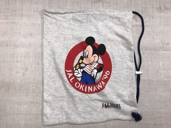 JAL ジャル 日本航空 沖縄 OKINAWA 96' 平成レトロ ミッキーマウス コラボ スウェット製 ナップサック 男女兼用 コットン100% グレー拍卖