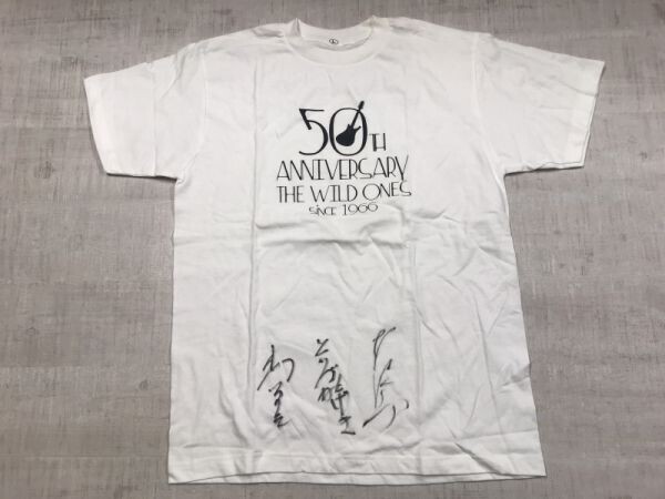 THE WILD ONES ザ・ワイルドワンズ 50周年記念 グループサウンズ 方角 ロック バンド サイン入り 半袖Tシャツ カットソー メンズ L 白拍卖