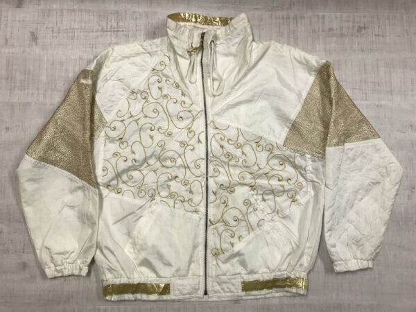 ABVIEN ジップアップ 切り替え 刺繍 メッシュ 90s オールド レトロ 古着 ブルゾン ジャケット レディース M 白/ゴールド拍卖