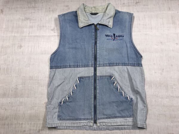 Rose Fashion オールド レトロ アメカジ バブリー モード 古着 デニム ヒッコリー 切替 ジップアップ ベスト メンズ 刺繍拍卖