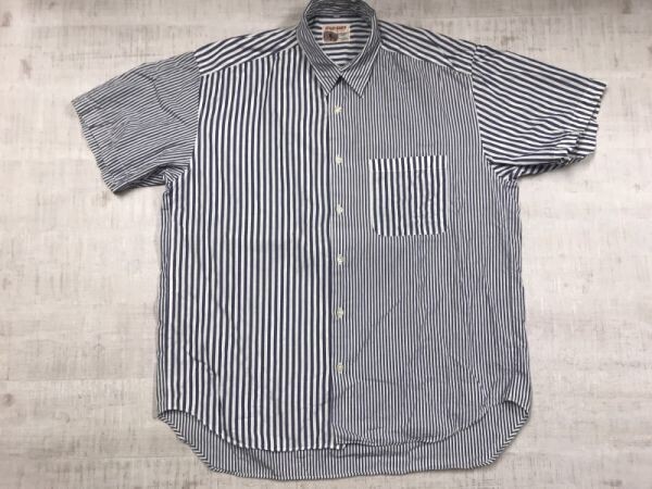 SPIRIT-HOUSE VINTAGE アメカジ トラッド 古着 ストライプ ロンスト クレイジーパターン 半袖シャツ メンズ 日本製 コットン100% M 紺/白拍卖