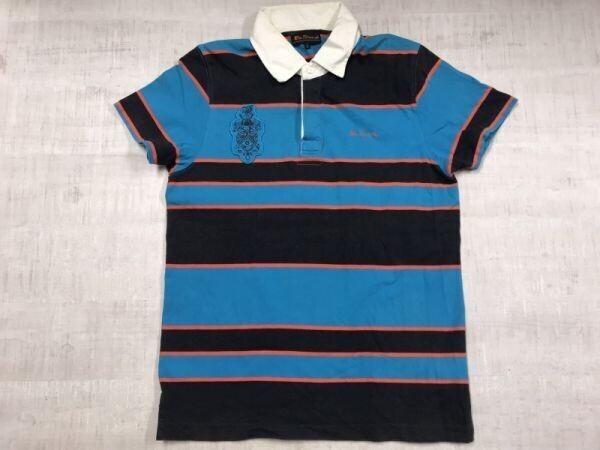 Ben Sherman ベンシャーマン UKロック 英国トラッド ボーダー 配色切替 比翼 刺繍 ワッペン 半袖ラガーシャツ メンズ コットン100% M 青/黒拍卖