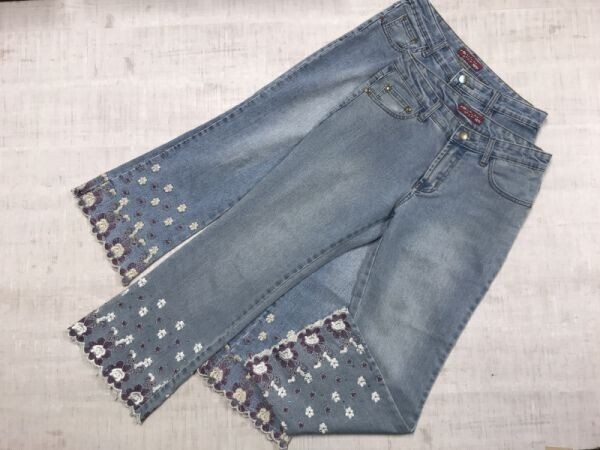 ワールドバザール WORLD BAZAAR レトロ ボーホー Y2K 00s 花柄刺繍 フレア ブーツカット デニム ジーンズ 2点セット レディース 28 青拍卖