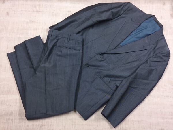 FUJIOKA 国産レトロ オールド 古着 光沢生地 シングル スーツ 上下セットアップ メンズ 2つボタン 青拍卖