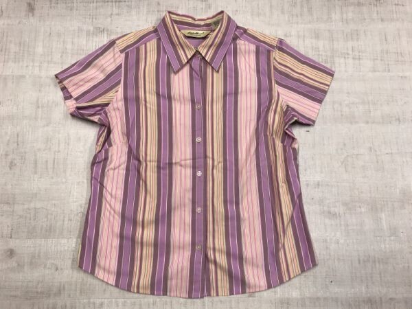 エディーバウアー Eddie Bauer マルチストライプ オールド レトロ アメカジ アウトドア 半袖シャツ レディース M 紫拍卖