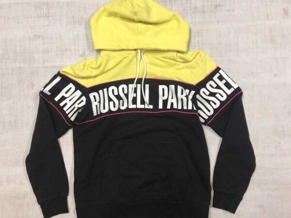 ラッセルパーク RUSSELL PARK ストリート 胸元配色切替 英字 プリント スウェット フーディー プルオーバー パーカー メンズ 綿100% M 黒黄拍卖