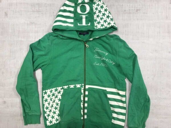 トミーヒルフィガー TOMMY HILFIGER レトロ アメカジ 英字 刺繍 星条旗モチーフ ジップアップ スウェット パーカー レディース L 緑拍卖