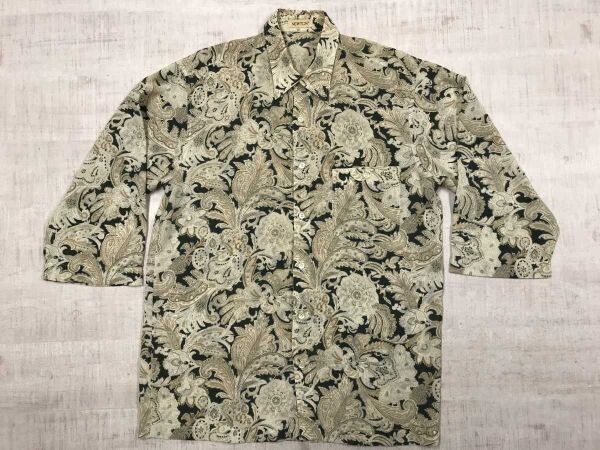 ニュートン NEWTON レトロ 民族エスニック ボタニカル ペイズリー柄 七分袖 総柄 ポリシャツ メンズ 日本製 ポリエステル100% M ベージュ拍卖