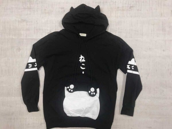 AD2XA ストリート サブカル ネコ ねこ。 イラスト プリント 肉球ドローコード 猫耳フード パーカー レディース 綿混合 L 黒拍卖