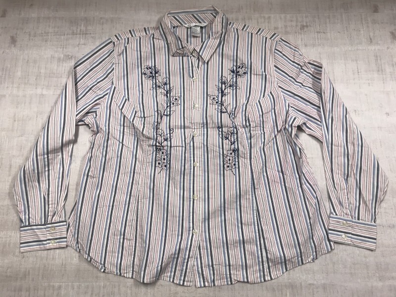 NAPA VALLEY レトロ カントリー 古着 マルチストライプ フラワー刺繍 スキッパーカラー 長袖シャツ ブラウス レディース 22W 白拍卖