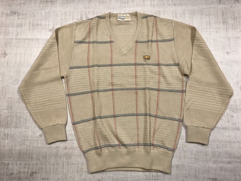 Jack Nicklaus ジャックニクラス Golden bear ゴールデンベア ゴルフ 麻混 Vネック チェック サマーニット セーター メンズ M ベージュ拍卖