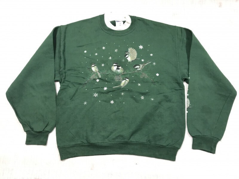 ジャージーズ JERZEES オールド アメカジ カントリー 90s 古着 花鳥プリント スウェット トレーナー レディース フェイクレイヤード M 緑拍卖