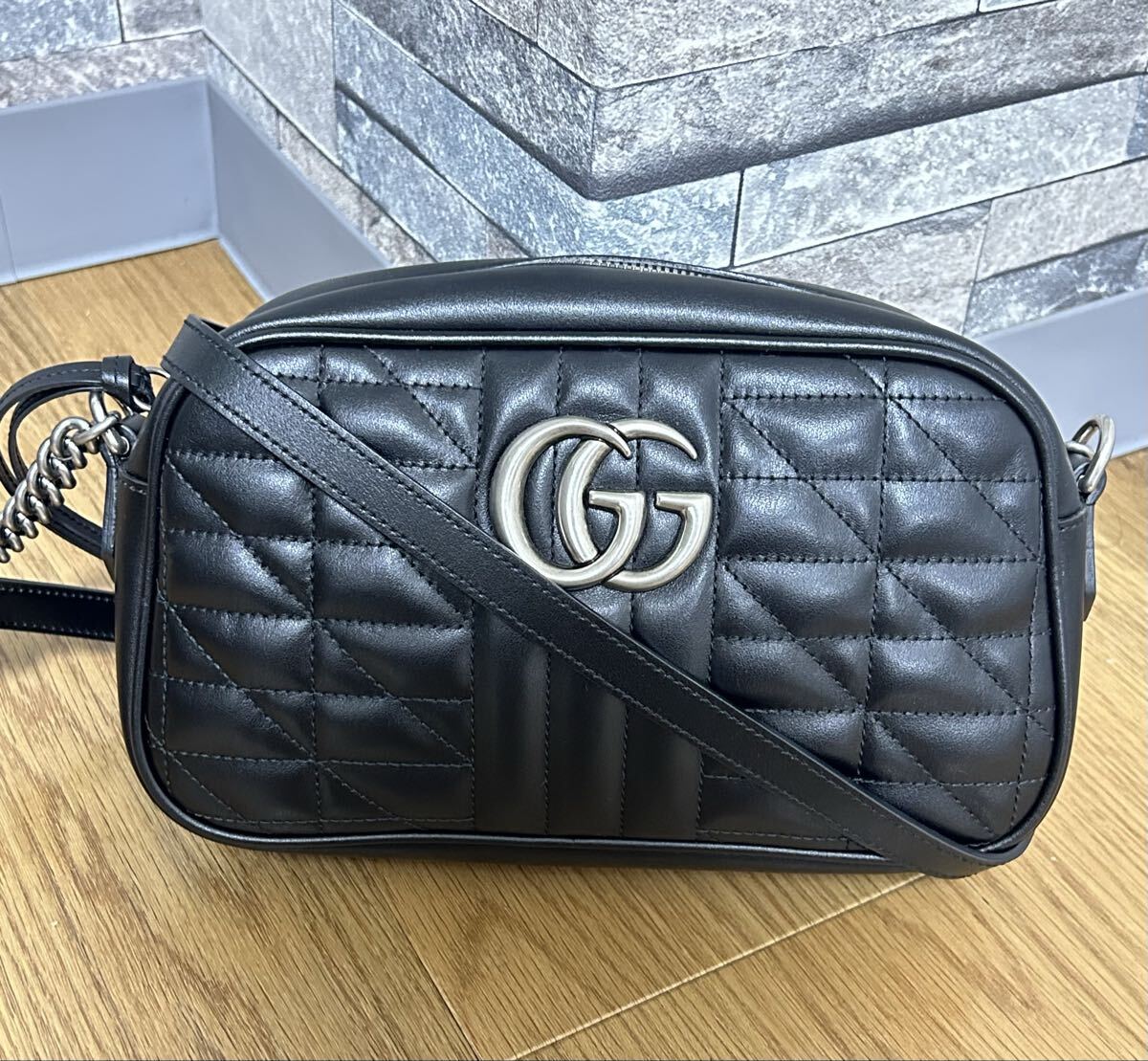 1円〜 美品 GUCCI グッチ GGマーモント キルティングレザー スモール ショルダーバッグ ブラック シルバー拍卖