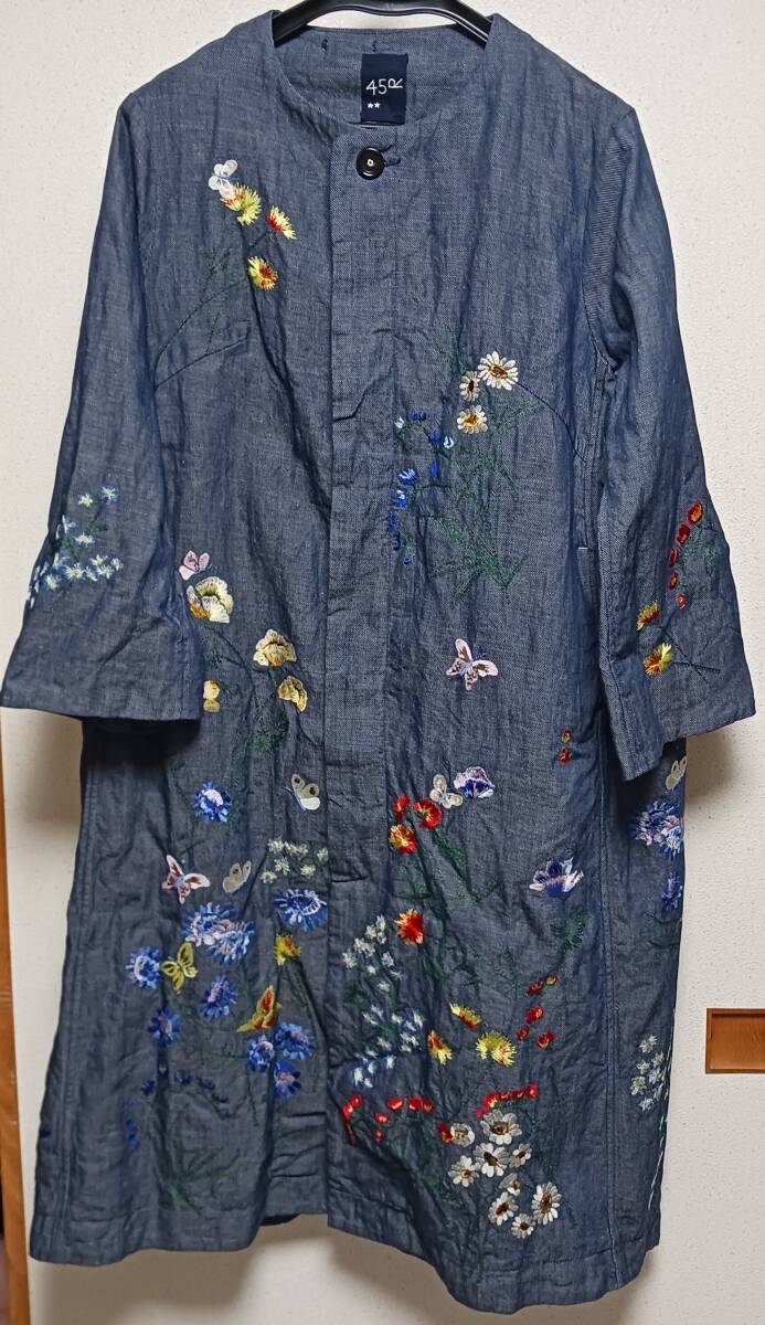 新品 タグ付き 45R 45rpm フォーティファイブアール デニム 藍染 刺繍 比翼コート拍卖