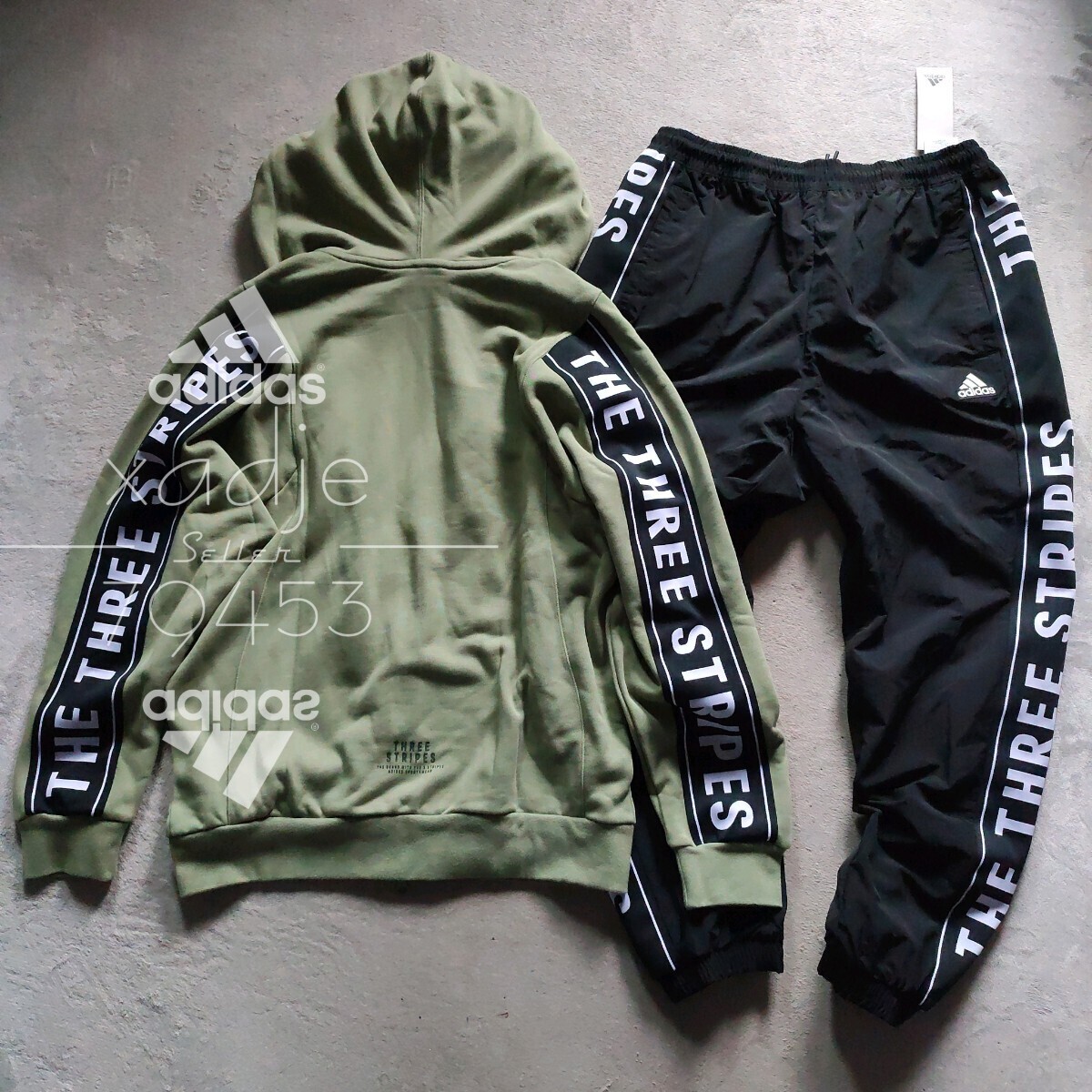 新品 正規品 adidas アディダス THE THREE STRIPES 上下セット スウェット パーカー ナイロン パンツ セットアップ カーキ 定価17050円 L拍卖