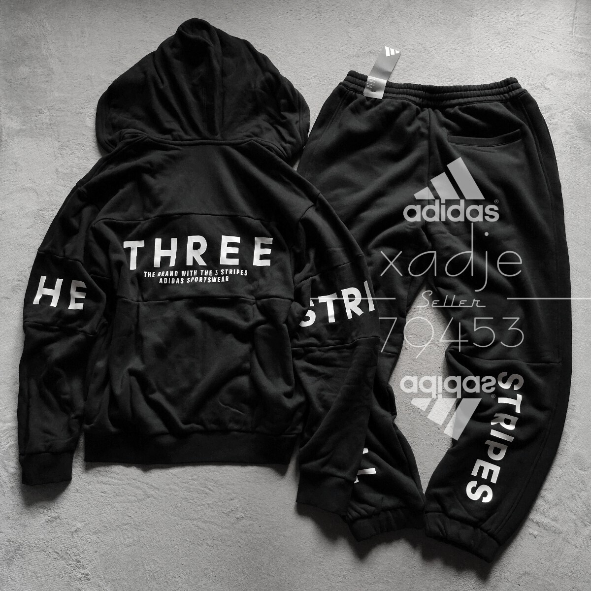 新品 正規品 adidas アディダス 上下セット スウェット パーカー パンツ セットアップ 黒 ブラック 白 プリント 定価16500円 ゆるめ 3XL拍卖