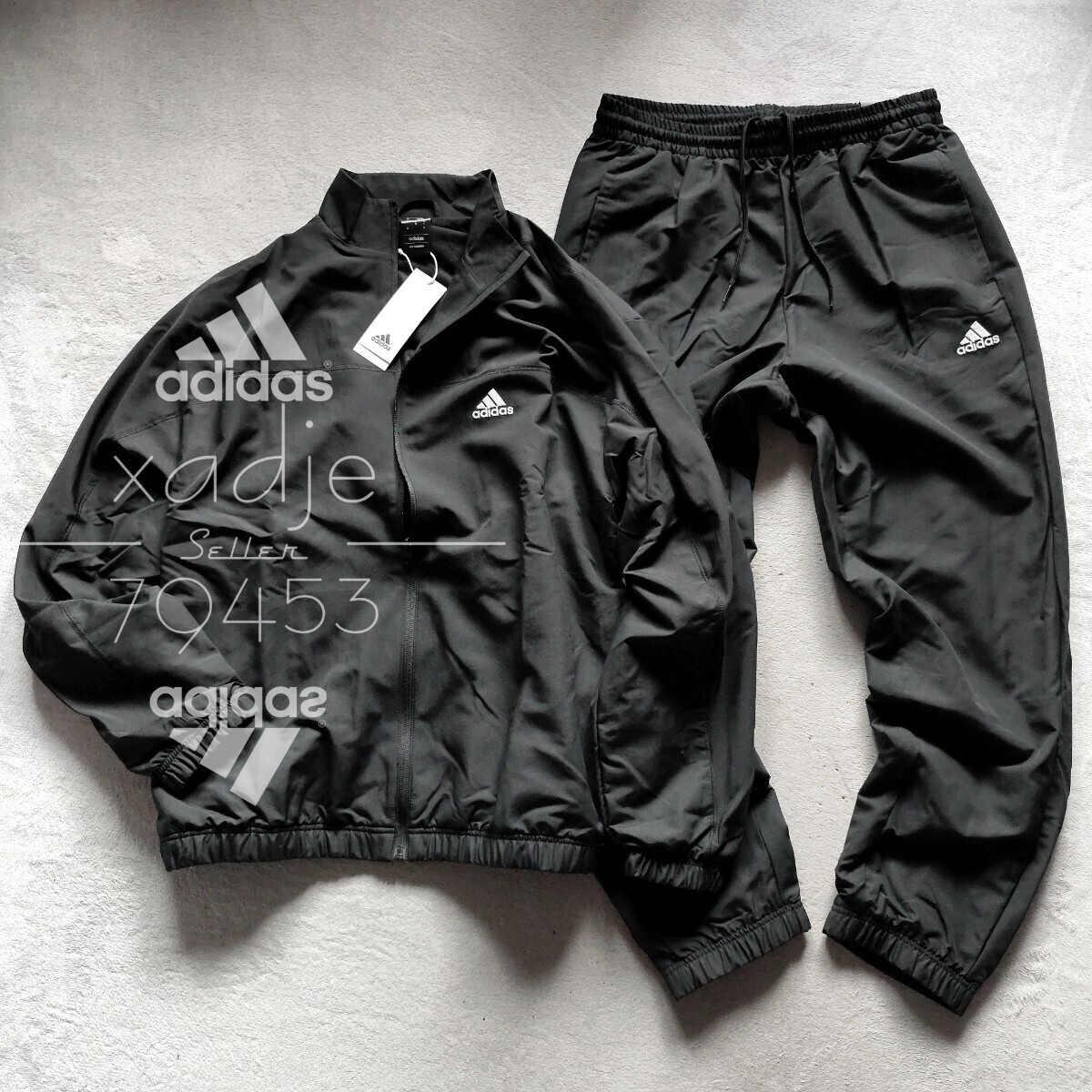 新品 正規品 adidas アディダス 上下セット ウーブン ジャケット パンツ セットアップ 黒 ブラック ロゴ刺繍 裏地メッシュ 定価9900円 L拍卖