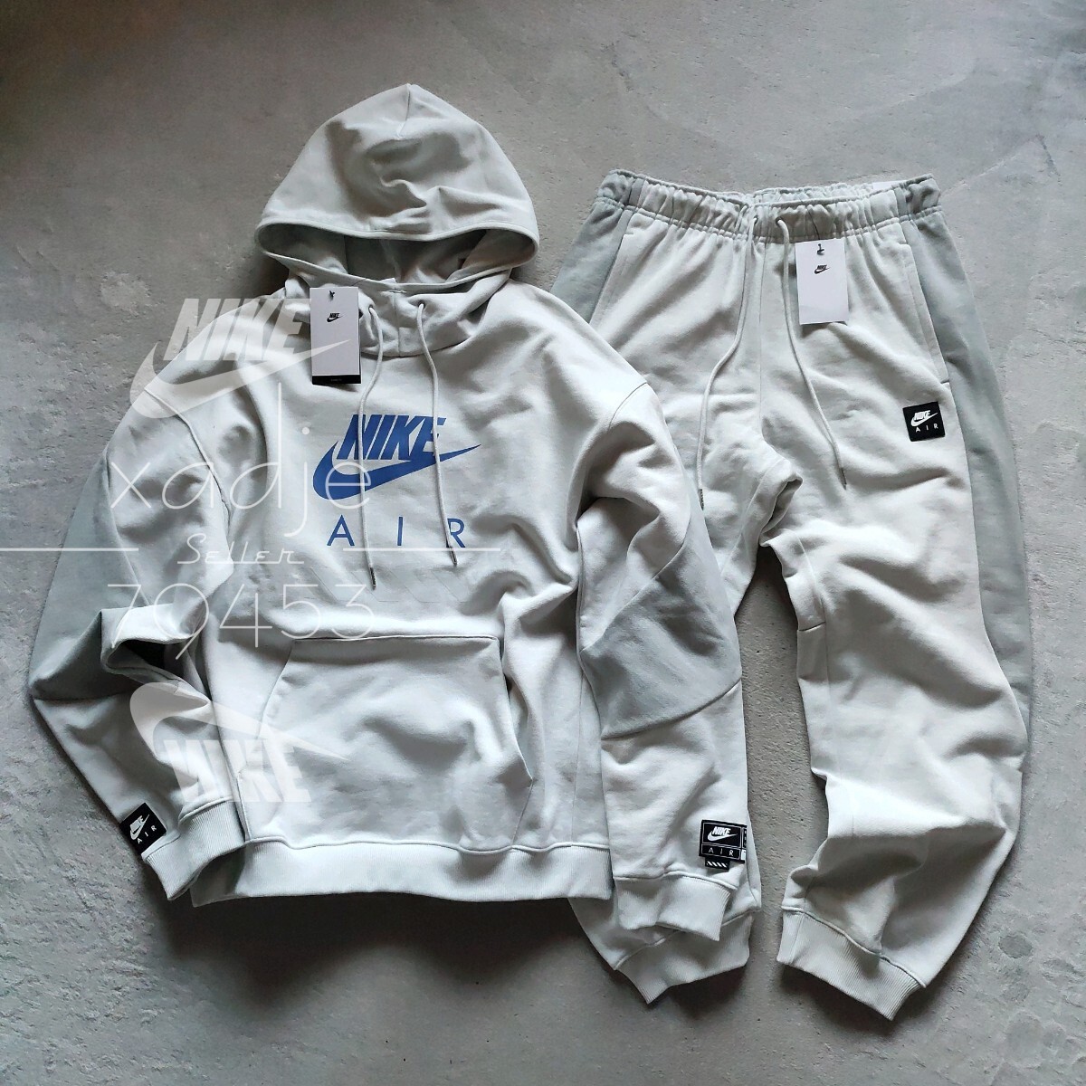 新品 正規品 NIKE AIR ナイキ エア ロゴ プリント 上下セット スウェット パーカー パンツ セットアップ 灰 グレー 青 定価21120円 XL拍卖