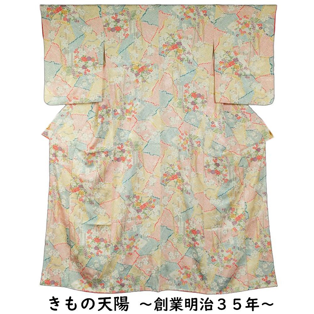 小紋 取方に春秋百花模様 型染 綸子 乳白色系 中古 小紋 リサイクル 着物 京都きもの天陽拍卖