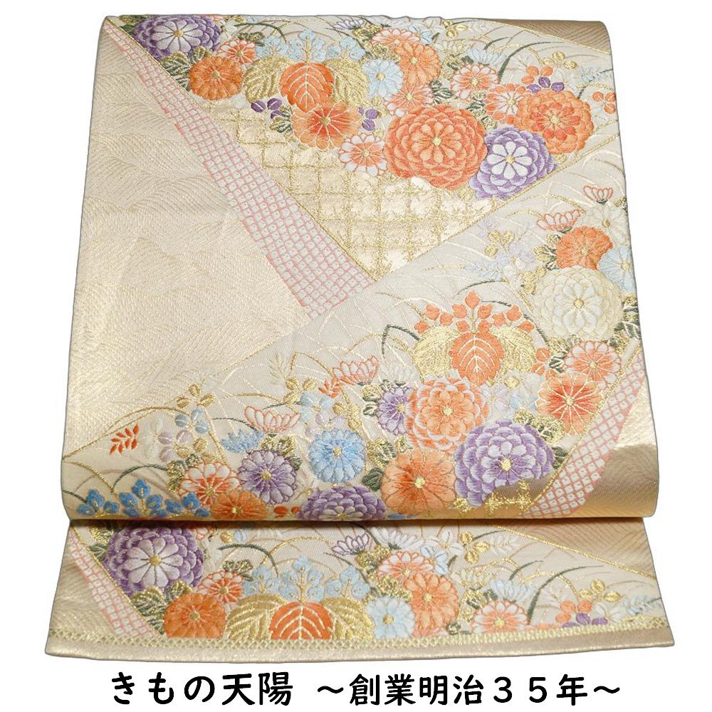 袋帯 裂取に春秋百花模様 金糸 金箔 六通柄 乳白色系 中古 リサイクル着物 帯 フォーマル 着物 きもの天陽拍卖