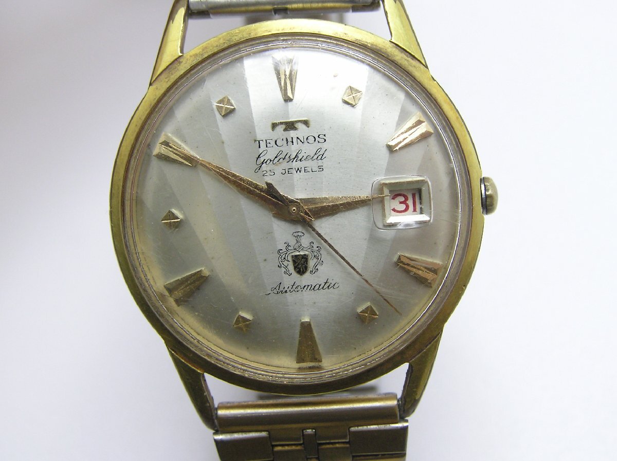 1円スタート★ハローカメラ★ 9120 テクノス TECHNOS Goldshield AUTOMATIC 腕時計 SWISS 動作品 自動巻き 25石拍卖
