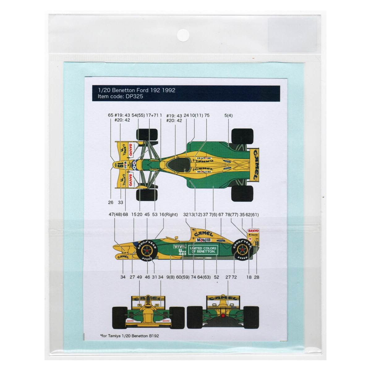 Decal Pool DP325 Benetton B192 1992 1/20 タミヤプラモデル用シルクスクリーン印刷デカール拍卖