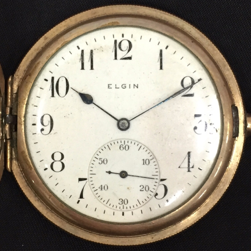 1円 エルジン 手巻き 懐中時計 0898549 ハンターフェイス 白文字盤 スモセコ ゴールドカラー金具 ELGIN A21465拍卖